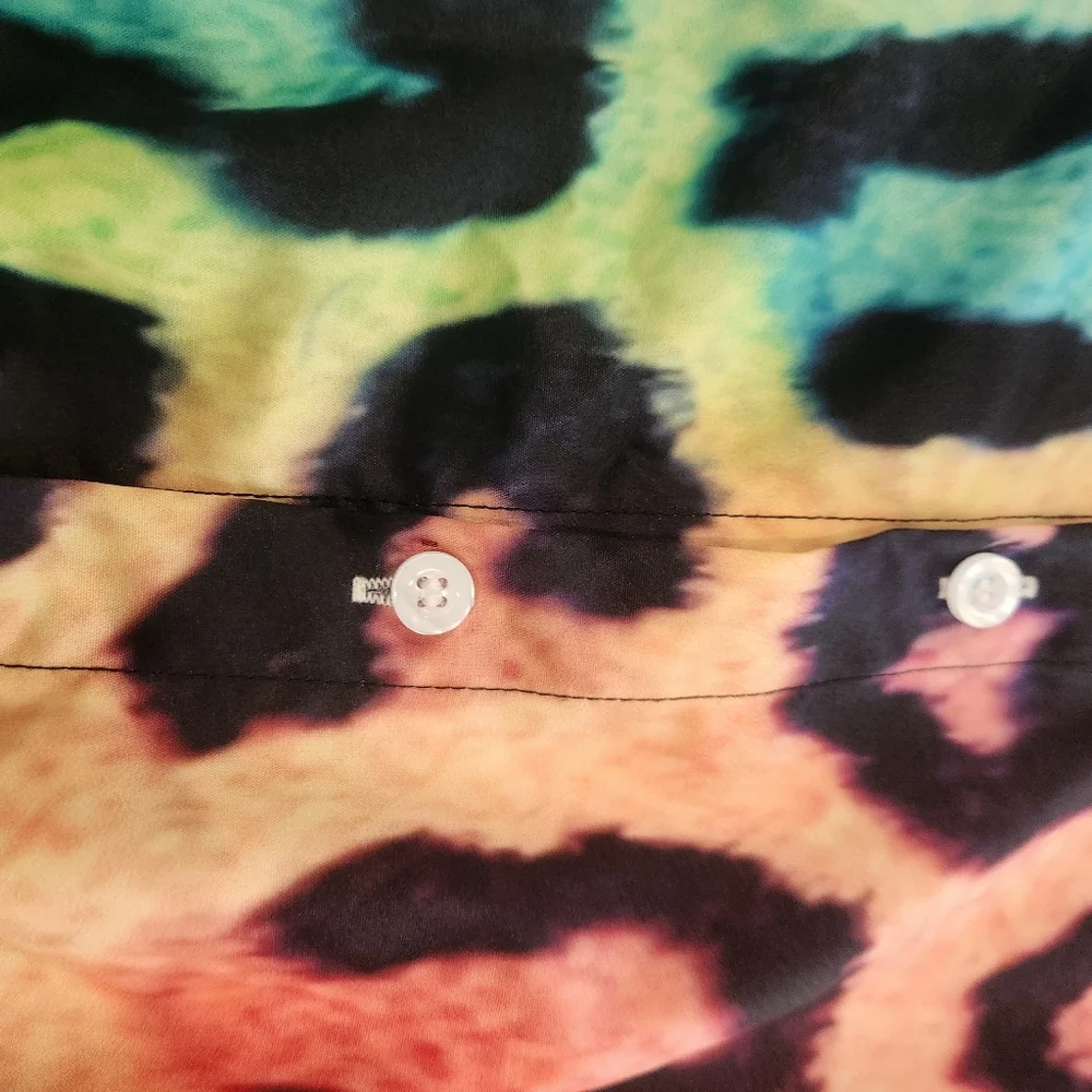 Green, Orange, Blue, & Black Colorful Leopard Print Button-Up Shirt. - Picture 5 of 9
